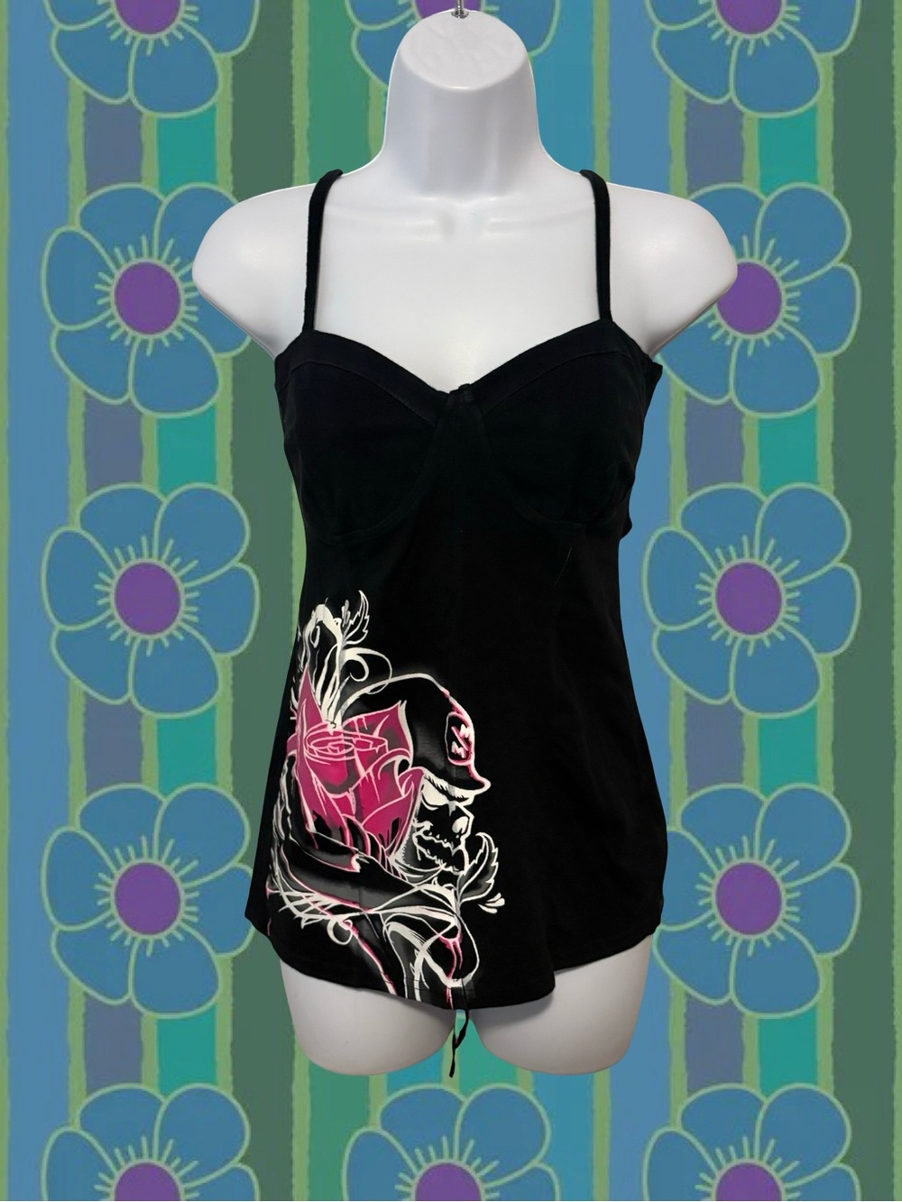 Metal Mulisha Black Spaghetti-Strap Tank with Pink Rose Graphic